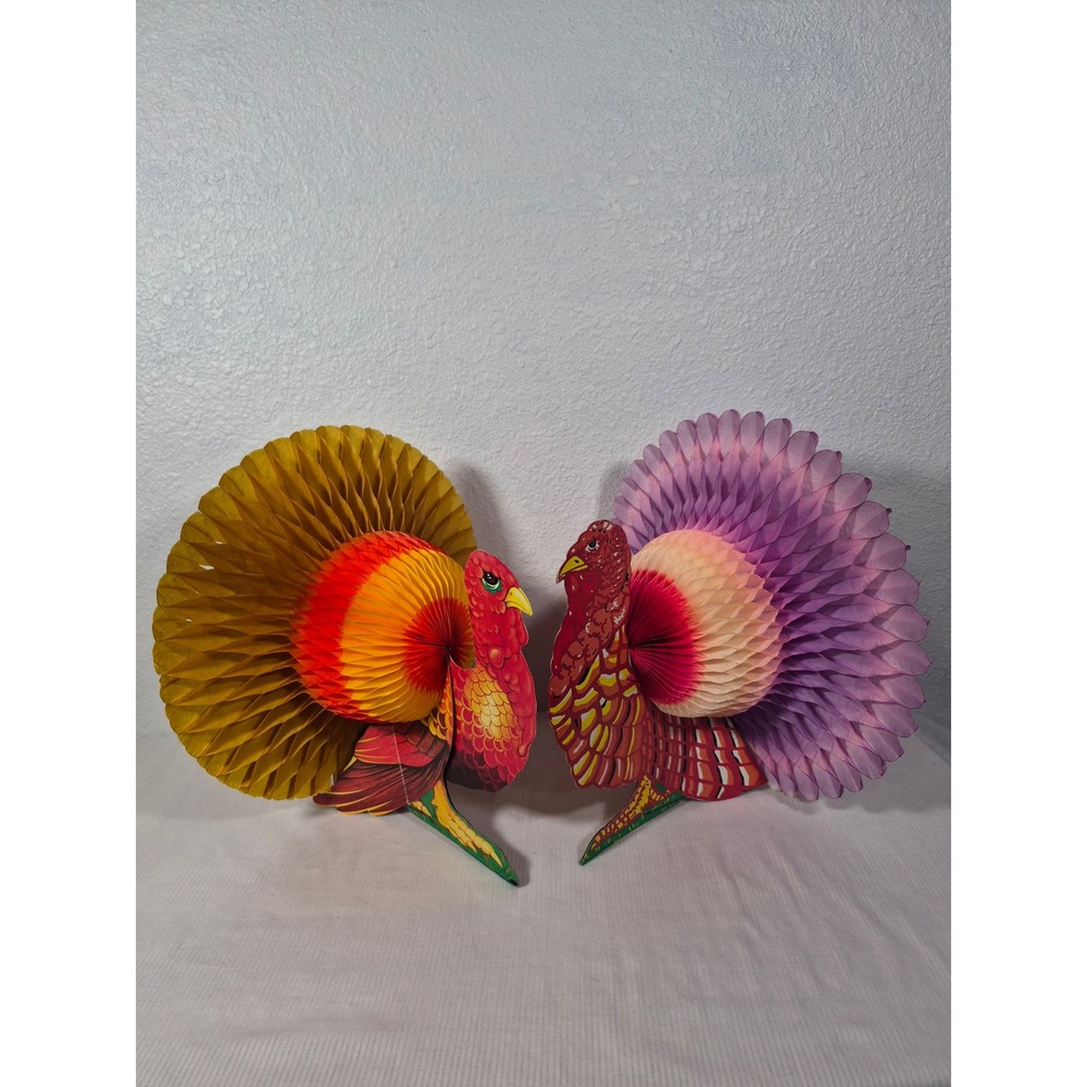 Vintage Thanksgiving Honeycomb Turkey Centerpieces Set of 2 Paper Decorations